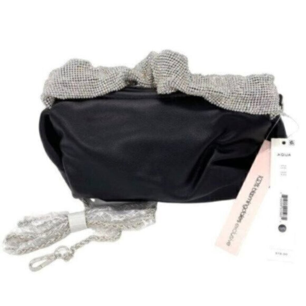 Aqua Women's Black Scrunchie Mini Crossbody Bag Black Rhinestone Strap New